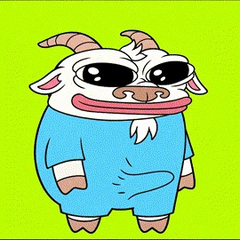 Hornyhood artwork: a tired white goat with big curled horns, resting its chin on its hands and smoking a cigarette.