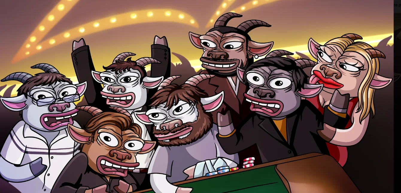 Seven wide-eyed goats in a casino reacting in shock and joy around a poker table with chips.